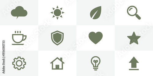 Collection of eco friendly and business icons in olive green and gray