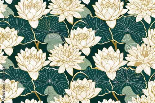 Elegant floral pattern featuring water lilies and dark green foliage