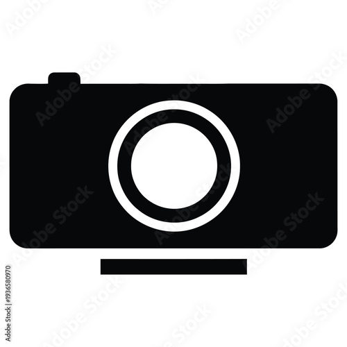 A black and white icon of a digital camera