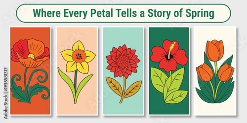 Vibrant spring florals illustrations with diverse blooming flowers