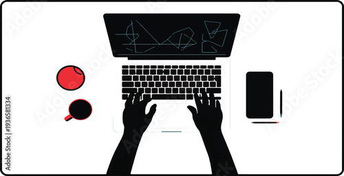 Person working on laptop with smartphone and coffee nearby