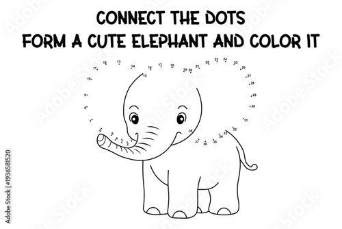 Simple connect-the-dots worksheet for children to make and color a cute elephant