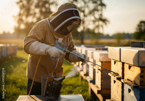 A beekeeper in protective gear uses a smoker during hive maintenance, ensuring colony health and honey yield in this apiary management practice