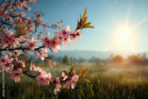 Beautiful pink cherry blossoms blooming in serene natural landscape with sunny sky