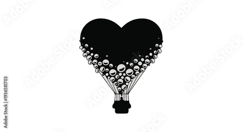 Elegant heart-shaped hot air balloon filled with shimmering spheres ascends against a white background.