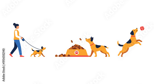 Flat vector art of happy pets daily routine icons: dog walk, food, ball, minimal with vibrant colors, white background