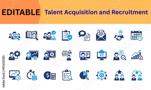 Modern talent acquisition and corporate recruitment interface icons. Team building, employment, vacancy, skills assessment, onboarding, plan