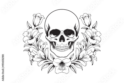 Floral Skull Line Art illustration vector