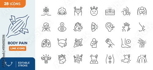 Body pain icons set. contain icons related to body pain, injury, headache, heartache, heartburn, and more. Outline icons collection. Editable stroke. Vector illustration