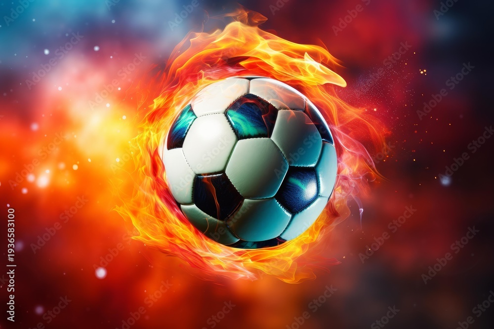 Naklejka premium Soccer ball surrounded by vibrant flames, representing sports competition and intensity
