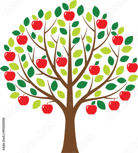 Apple tree with red fruits illustration, decorative fruit tree design, green leaves and apples vector graphic, nature harvest concept isolated