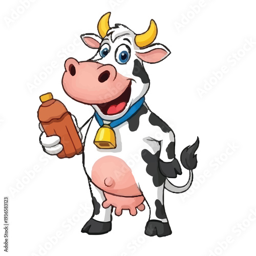 Cute funny cartoon cow character standing on a farm with happy animals