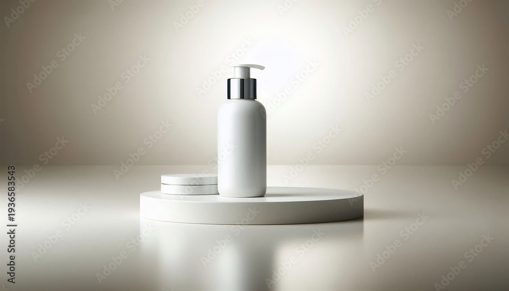 Obraz premium Elegant White Skincare Bottle with Silver Pump on Pedestal.