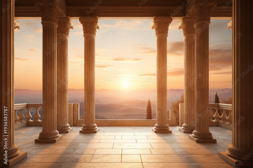 Obraz premium Roman style columns framing a scenic mountain landscape during a warm sunset or sunrise