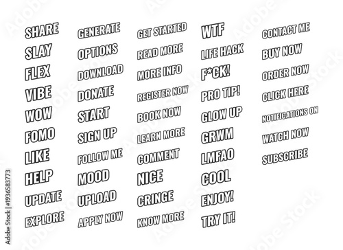 Social media engagement web button pack in bold black outline. Online shop marketing. Website blog reactions. Minimal uppercase text collection. Angled letters with white fill. UI UX. Oswald font used