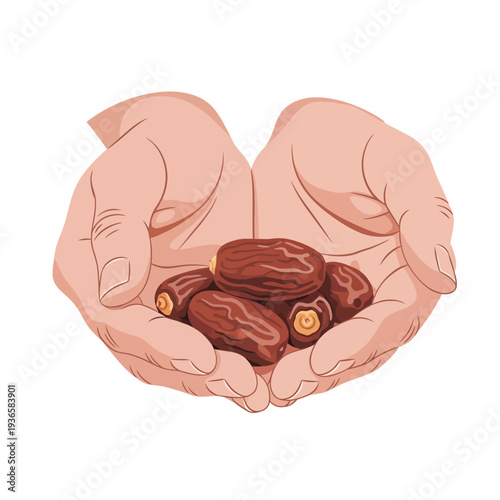 A pair of human hands gently cupping a generous handful of ripe, delicious dates, symbolizing nourishment, tradition, and the sweetness of nature's bounty, isolated on a clean white background.