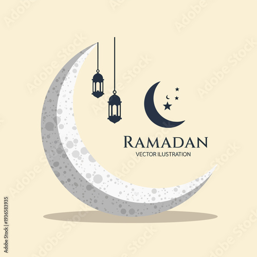 Vector illustration featuring a large textured crescent moon design with hanging lanterns and a smaller dark crescent moon beside festive Ramadan typography.