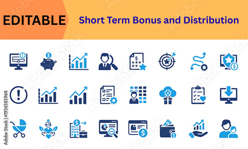 Corporate bonus distribution and employee incentive icon collection. Salary increase, financial growth, savings, target, reward, management, payroll