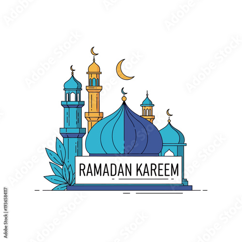 Minimalist line art illustration featuring colorful mosque domes and tall minarets alongside a crescent moon celebrating Ramadan Kareem wishes.