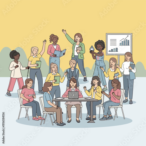 Illustrating a vibrant and inclusive female team engaged in a productive collaborative business meeting, exchanging innovative ideas, celebrating teamwork, and strategizing for collective success and 