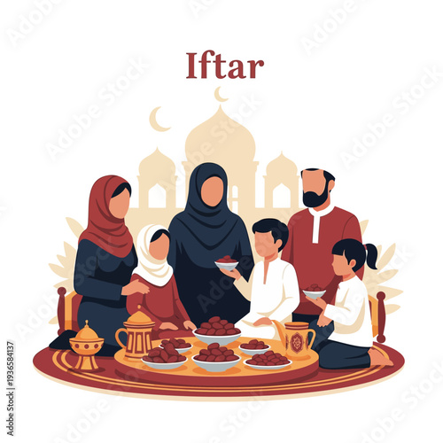 Muslim family gathered together sharing dates during the Iftar meal after a long day of fasting during the holy month of Ramadan