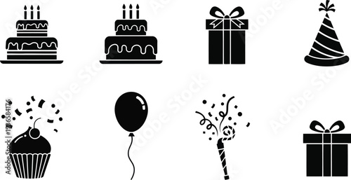 Collection of black and white birthday icons including cake, gifts, and decorations vector illustration