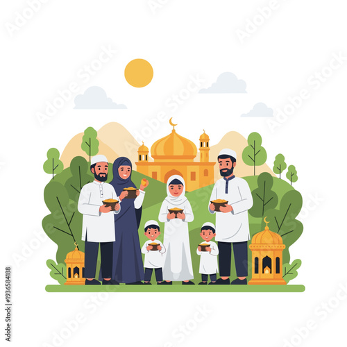 A joyful Muslim family, including parents and children, dressed in traditional attire, holding bowls of gold coins, symbolizing the spirit of giving zakat and sadaqah during the sacred Eid celebration