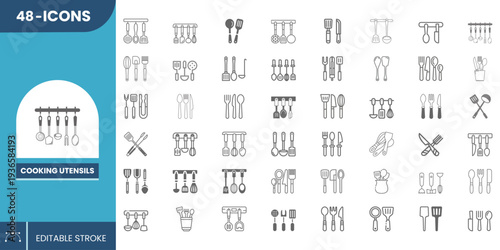 Kitchen Cooking Utensils Icon Set – Spoon, Fork, Knife, Spatula & Culinary Tools Vector Collection.