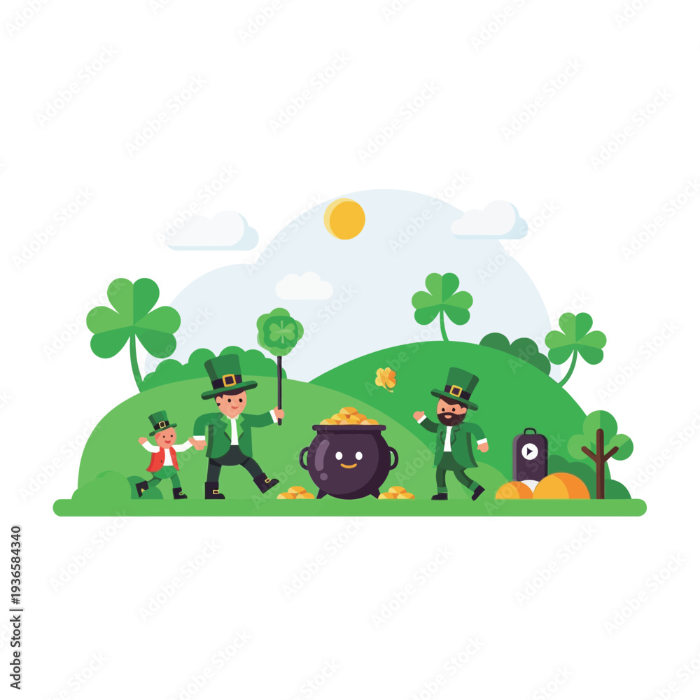 Fototapeta premium Three cheerful leprechauns celebrating st. patrick's day, discovering a magical pot of gold coins amidst a vibrant green landscape under a bright sunny sky.