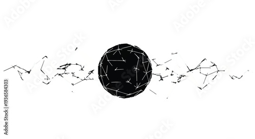 Abstract black sphere with interconnected lines radiating outwards on a white background.