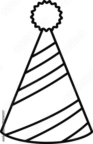 Black and white line drawing of a party hat with a pom pom on top vector illustration