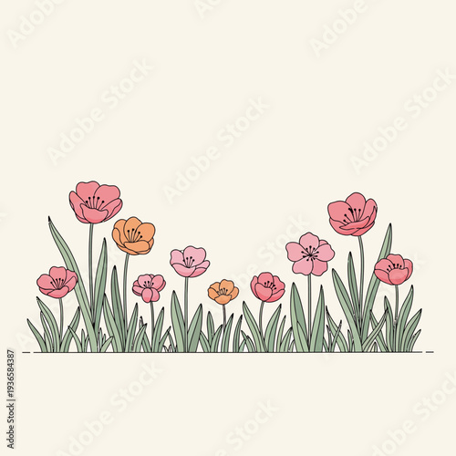 Delightful hand drawn illustration of colorful spring tulips and delicate green foliage growing together in a charming summer meadow border design.