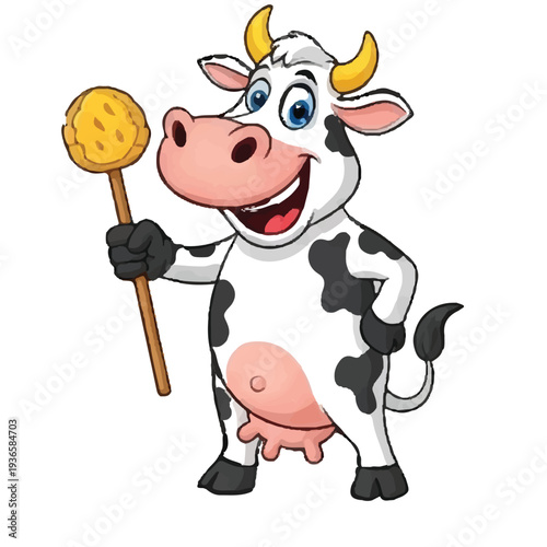 Cute funny cartoon cow character standing on a farm with happy animals