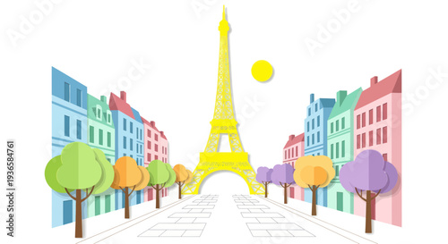 Eiffel Tower Paris Street Scene, Colorful Buildings, Trees, Sunny Day, Flat Design