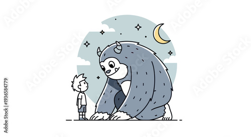 Friendly monster meets boy under starry night sky with moon