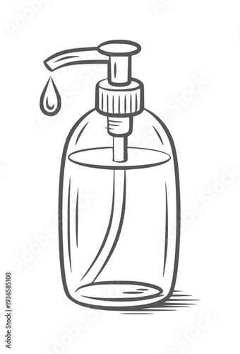Black and white line of a soap dispenser with a drop of liquid falling pump