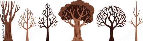 Set of bare winter trees illustration, different leafless tree silhouettes collection, seasonal forest elements vector design for autumn and winter landscape