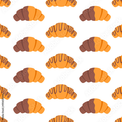 Chocolate croissants seamless pattern. Sweet French breakfast bun. Croissant pattern for backgrounds, paper, wrapping, packaging for bakeries, pastries, and cafes.