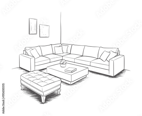 Black and white of a sectional sofa with ottoman and coffee table line interior living