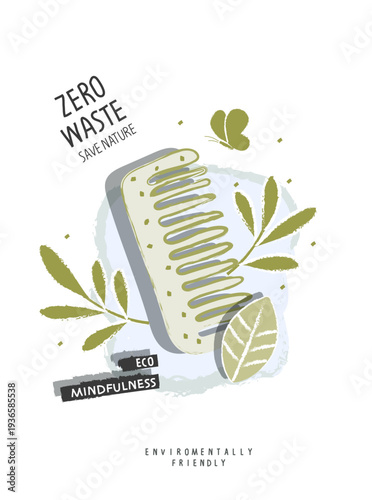 Vector hand drawn cartoon sketch wooden comb with green leaves. Zero waste and Sustainable lifestyle. Think Green. Plastic free Ecological design