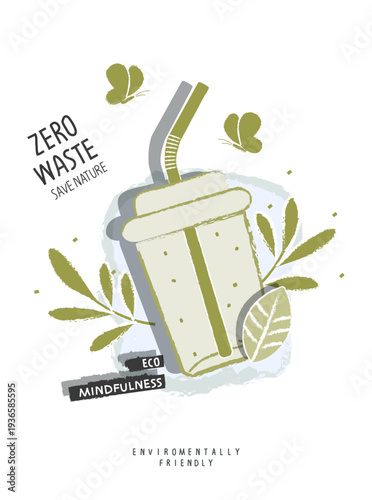 Vector hand drawn cartoon sketch of paper drinking straw with green leaves. Zero waste and Sustainable lifestyle. Think Green. Plastic free Ecological poster.