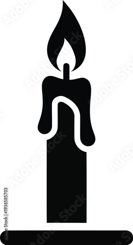 Black candle icon with flame and melted wax for decoration or ambiance vector illustration