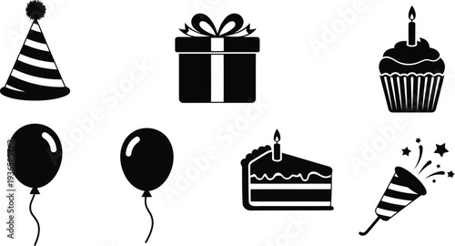 Black and white icons of party objects on isolated vector illustration