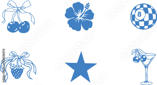 Set of blue and white vector icons with stars snowflakes flowers and Christmas holiday decoration symbols on a clean background