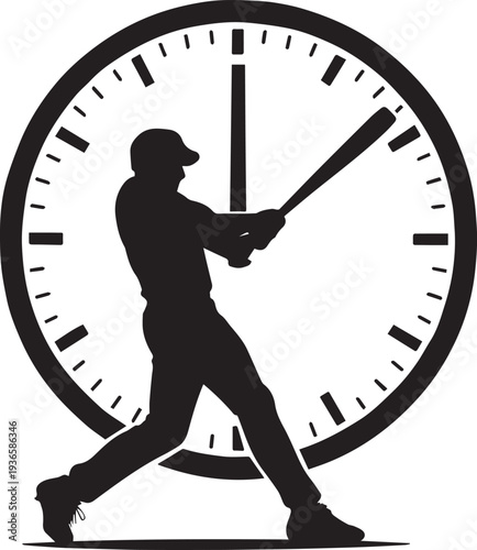 Creative Silhouette of a Baseball Batter and Clock Representing Game Timing