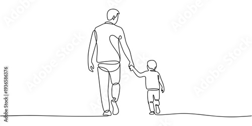 One continuous line drawing of Father and Daughter Walking Together, continuous one single black line art doodle drawing of Father and child walking hand in hand father day concept illustration, 
