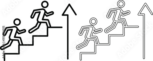Stick figures climbing stairs with arrows indicating progress and growth