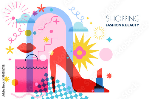 Fashion beauty sale abstract concept. Vector geometric illustration with red shoe, lipstick, shopping bag. Banner design