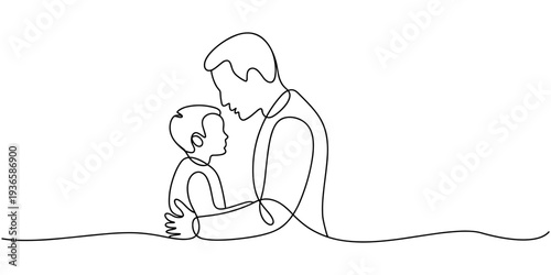 Father and son in one continuous line drawing. Happy dad throws a child into the air in simple linear style. Continuous Line Drawing of a Father Lifting His Happy Son in the Air.