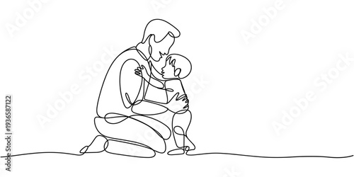 Father and son in one continuous line drawing. Happy dad throws a child into the air in simple linear style. Continuous Line Drawing of a Father Lifting His Happy Son in the Air.